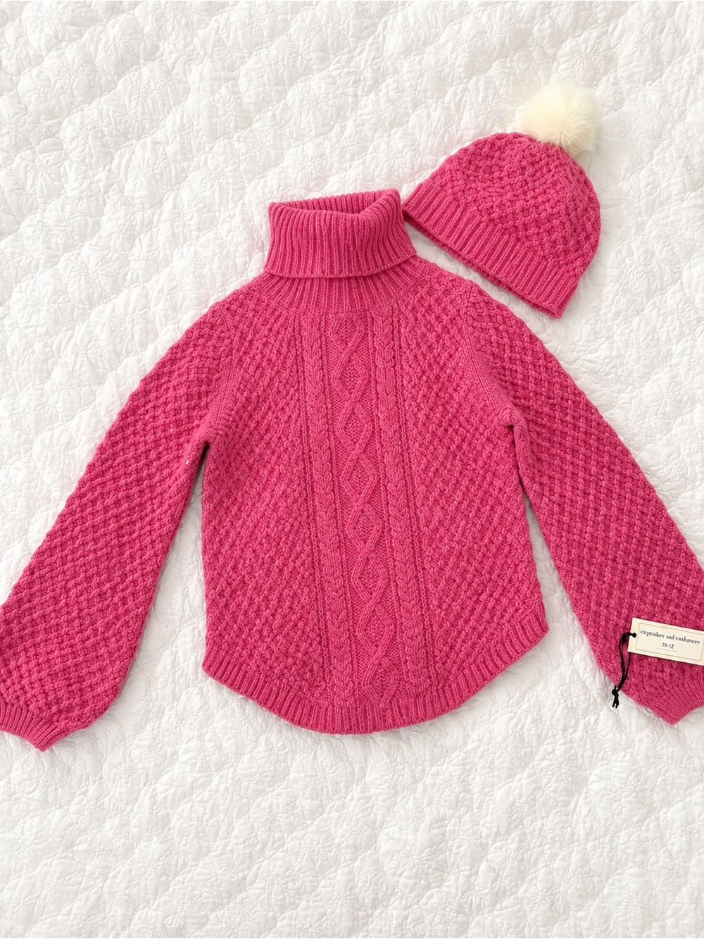 NWT Girls Cupcakes & Cashmere Pink Sparkle Sweater with Matching Hat Sz 10/12